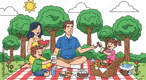 Family enjoying picnic outdoors in park with trees and blue sky