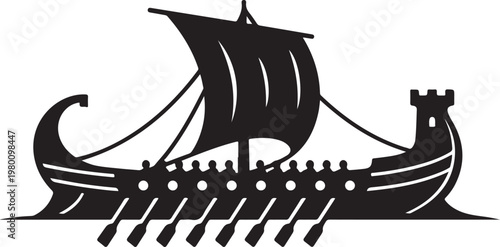Viking ship, black silhouette, ancient warship, nautical icon, vector graphic