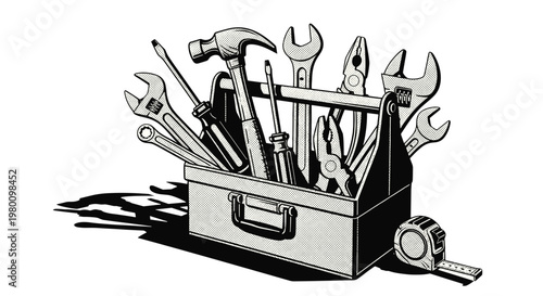 Toolbox filled with various hand tools for repair and construction
