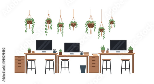 Three minimalist wooden computer workstations feature ergonomic stools and hanging green foliage plants in a bright airy office with a neutral palette.