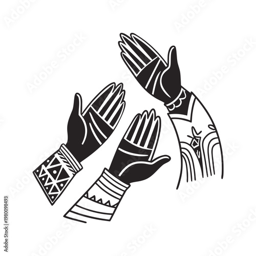 Three hands with ornate designs on the sleeves