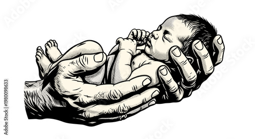 Black and white illustration of a large hand holding a tiny baby