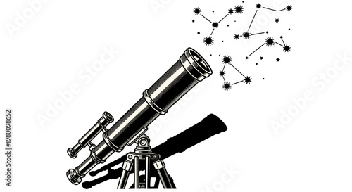 Vintage telescope on tripod observing starry night sky for astronomy