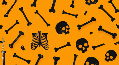 Halloween skulls, bones pattern, orange background, black icons, creepy design elements