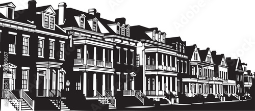 Black and white, urban row houses, city buildings, vector illustration, monochromatic architecture