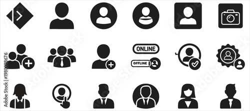 Black silhouette icons set people profiles communication and user interface elements in a minimalist style