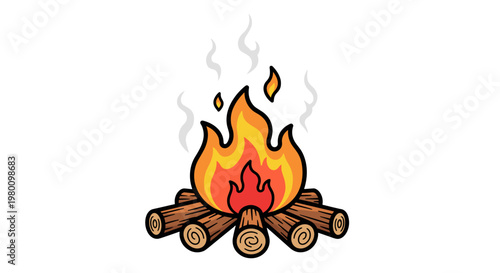 Illustration of a campfire with flames burning over logs