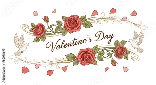Valentines day greeting card with roses and doves