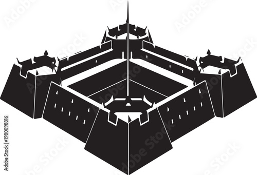 Black castle, medieval fortress, stronghold, vector illustration