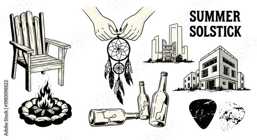 Collection of summer solstice symbols and outdoor objects illustration