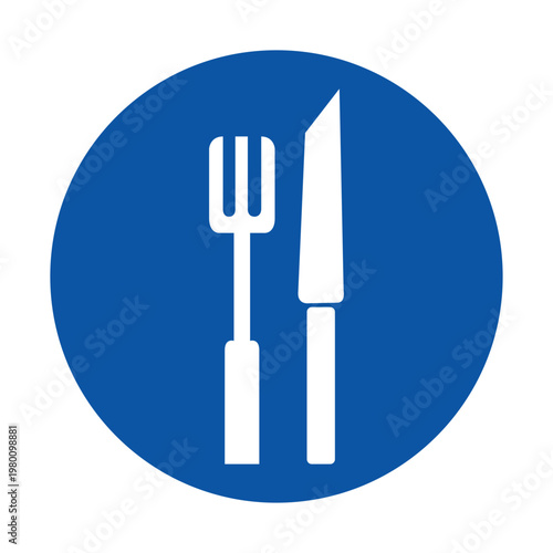 White Fork and Knife Icon on Blue Circle Background for Food Themes