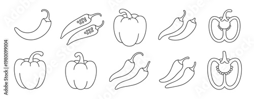 Outline drawings of bell peppers and chili peppers