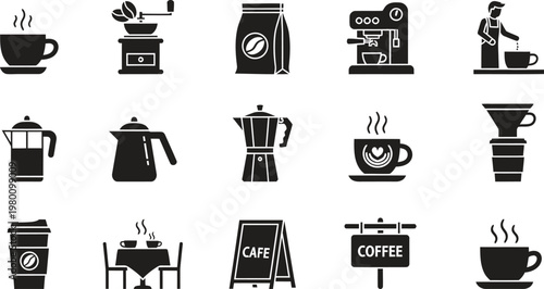 Coffee preparation icons silhouette a collection of black and white brewing methods and accessories