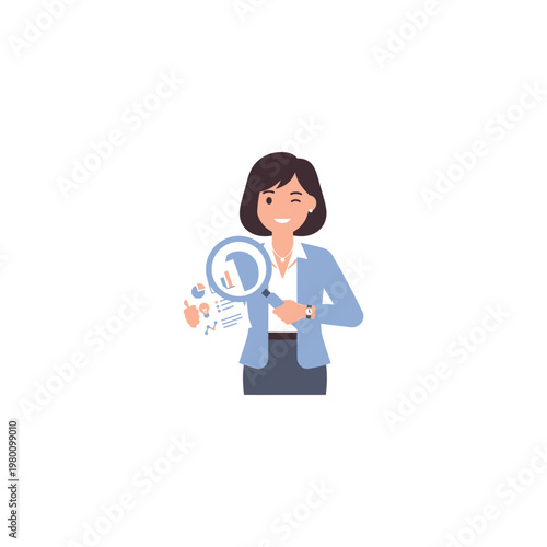 Smiling Businesswoman Holding Magnifying Glass.