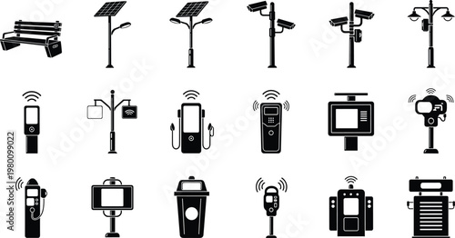 Black and White Smart City Icon Set Featuring Street Furniture, Solar Lights, Charging Stations, Surveillance Cameras, and Public Utilities