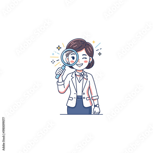 Woman holding magnifying glass smiling.