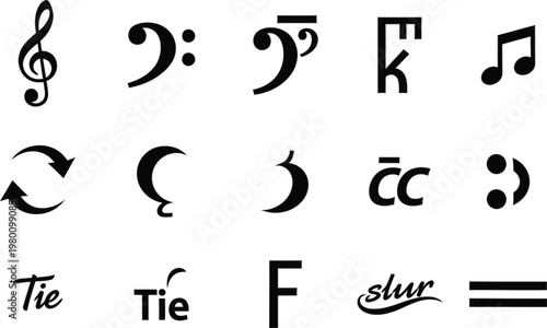 Musical symbols collection treble clef bass clef notes and various musical markings silhouette