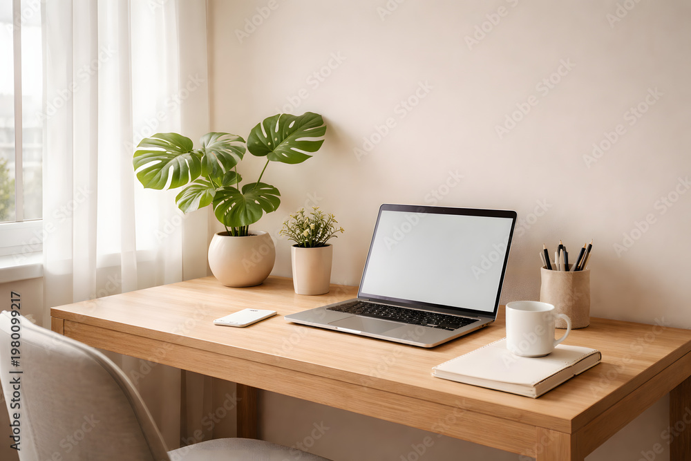Fototapeta premium Minimalist Home Office Workspace with Laptop and Indoor Plant
