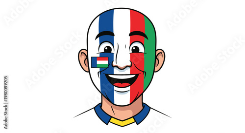 Illustration of a smiling man with face painted in french flag colors