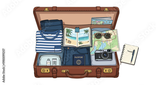 Open vintage suitcase filled with travel essentials and accessories