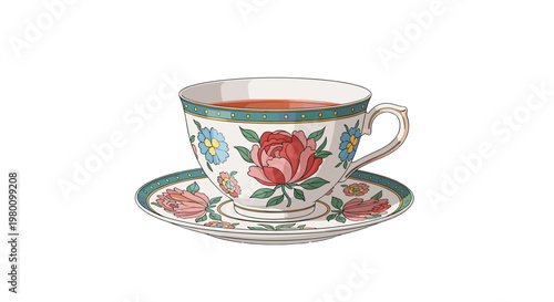 Decorative floral porcelain teacup with matching saucer