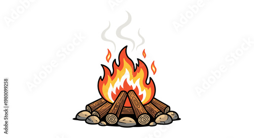 Campfire with burning logs and smoke on a natural outdoor setting