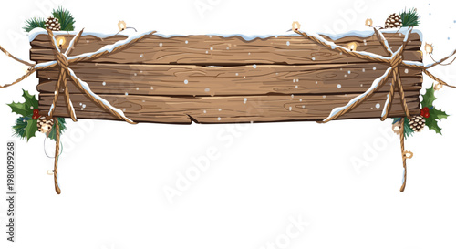 Decorative rustic wooden signboard with holiday greenery and twine