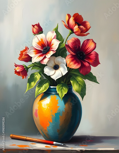 flower vase painting, vase oil painting, flower oil painting, floral oil painting, still life painting, flower bouquet illustration, floral arrangement illustration, blooming flowers illustration, fre