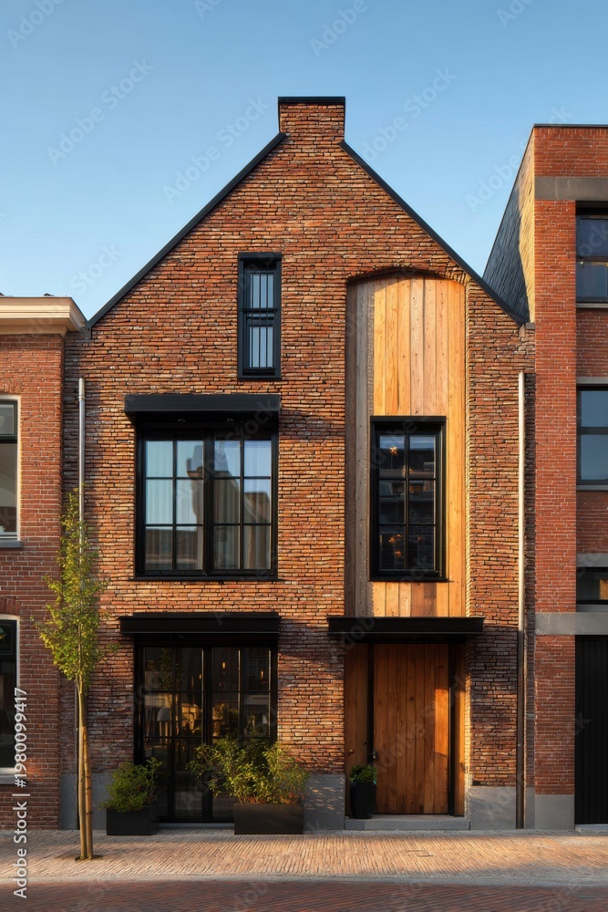 Naklejka premium Brick house with wooden elements and large windows located in a modern urban area during the day showing clear skies and surrounding buildings