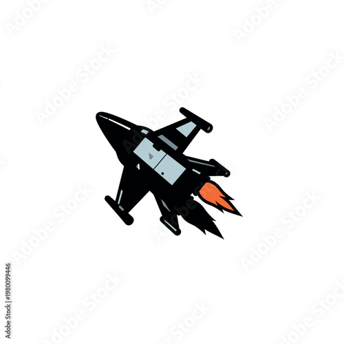 Black airplane with orange flames flying.