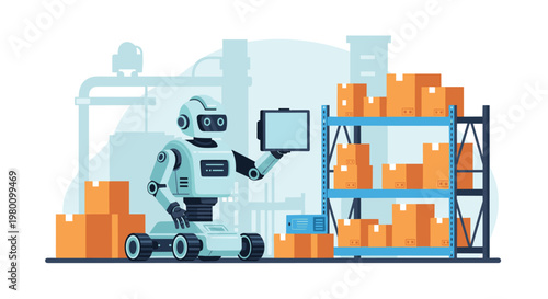 An intelligent mobile robotic unit displays data on a handheld tablet while managing inventory on metal industrial shelving units filled with packages.
