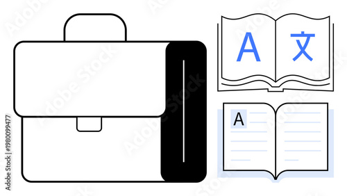 Language learning, professional training, education services, translation, career growth, study materials. Briefcase and open books with multilingual symbols. Language learning and career growth