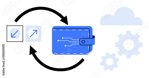 Digital finance, online payment, financial technology, data management, secure transactions, digital economy. Blue wallet with circuit design, arrows gears cloud. Digital finance and online payment