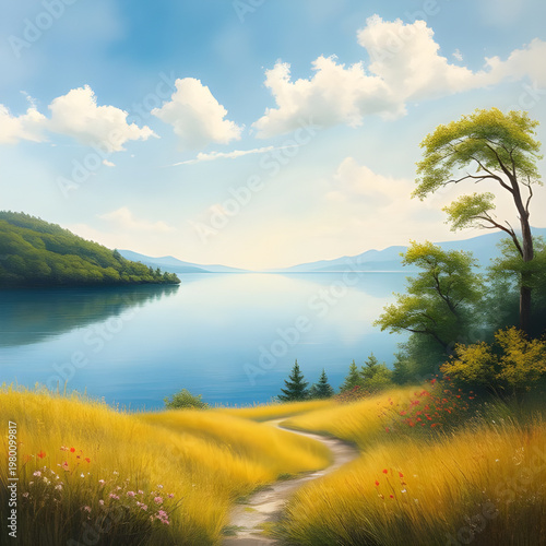 lake design illustration, mountain design illustration, forest design illustration, tree design illustration, nature design illustration, landscape design illustration, scenery design illustration, wa