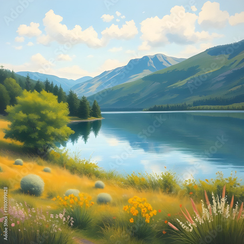 lake design illustration, mountain design illustration, forest design illustration, tree design illustration, nature design illustration, landscape design illustration, scenery design illustration, wa