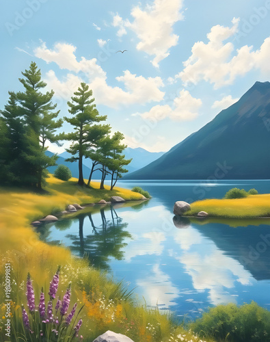 lake mountain painting, mountain lake painting, forest landscape illustration, green trees illustration, nature scenery illustration, scenic landscape illustration, lake reflection illustration, water