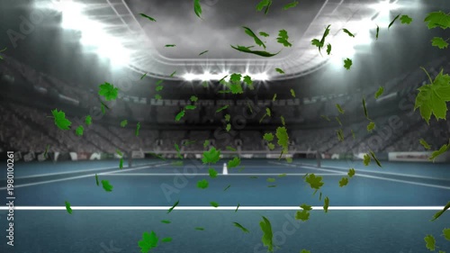 Animation of multiple leaves over tennis court and lights on roof of stadium against cloudy sky