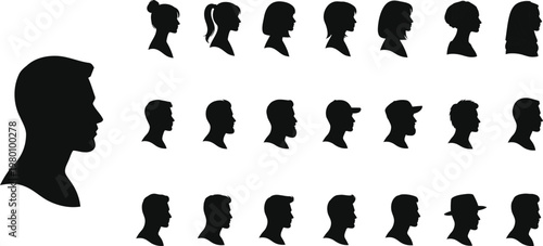 Vector illustration set of black woman silhouettes featuring diverse profile icons, fashion hairstyles, and person avatars in a simple outline style