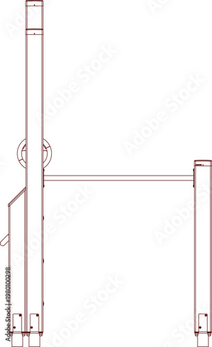 Technical drawing of outdoor sports equipment with a basketball ring on a post and a horizontal bar connected to a support post in reddish-brown line art.