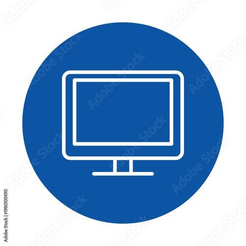 Icon of Computer Monitor on Blue Circular Background for Design and Web Use