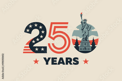 USA 250 years anniversary design with Statue of Liberty and American flag, patriotic vector for Independence Day celebration. American 250 years illustration for banners, posters, celebration designs