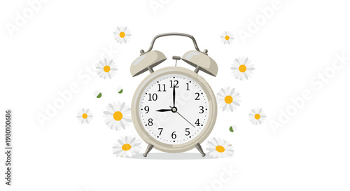 A traditional twin-bell alarm clock stands centered amidst a whimsical arrangement of floating white daisy flowers on a bright and clean white backdrop.