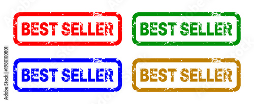 Four rectangular best seller rubber stamp marks in red green blue and gold tone.