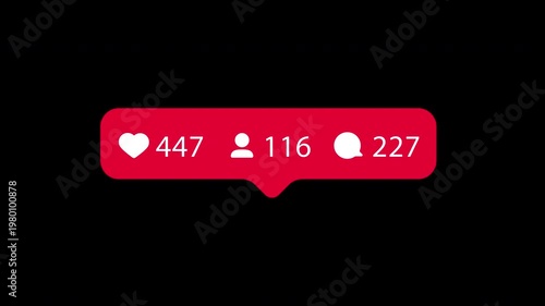Social media engagement statistics counter animation: likes followers and comments icon. Increasing network viral growth instagram overlay with transparent background MOV alpha