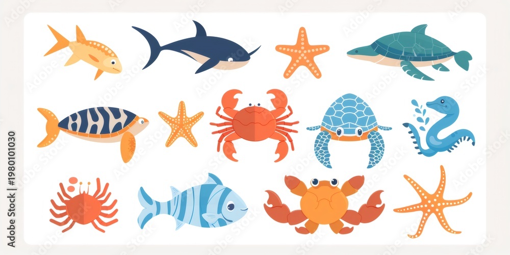 Obraz premium Cartoon ocean animals set illustrating marine life icon collection