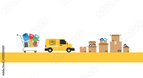 A bright yellow delivery van transports various retail goods between a loaded shopping cart and multiple cardboard boxes on a clean white background area.