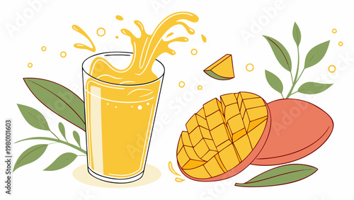 Refreshing mango juice splashing from a glass with whole and sliced fruit, surrounded by tropical leaves.