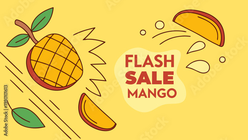 Vibrant flash sale announcement with fresh mangoes and dynamic elements on a yellow background.