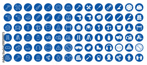 Construction and Safety Symbols Collection on Blue Circle Background