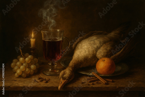 Still life: duck, wine glass, fruit and spices in dutch golden age style